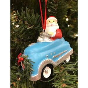 Santa Driving Retro Blue & Silver Sports Car Christmas Ornament